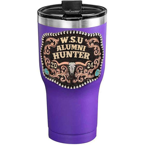 A customized tumbler made of stainless steel with a personalized engraved initials and Alumni Hunter lettering, 30 oz, ideal for coffee or cool drinks